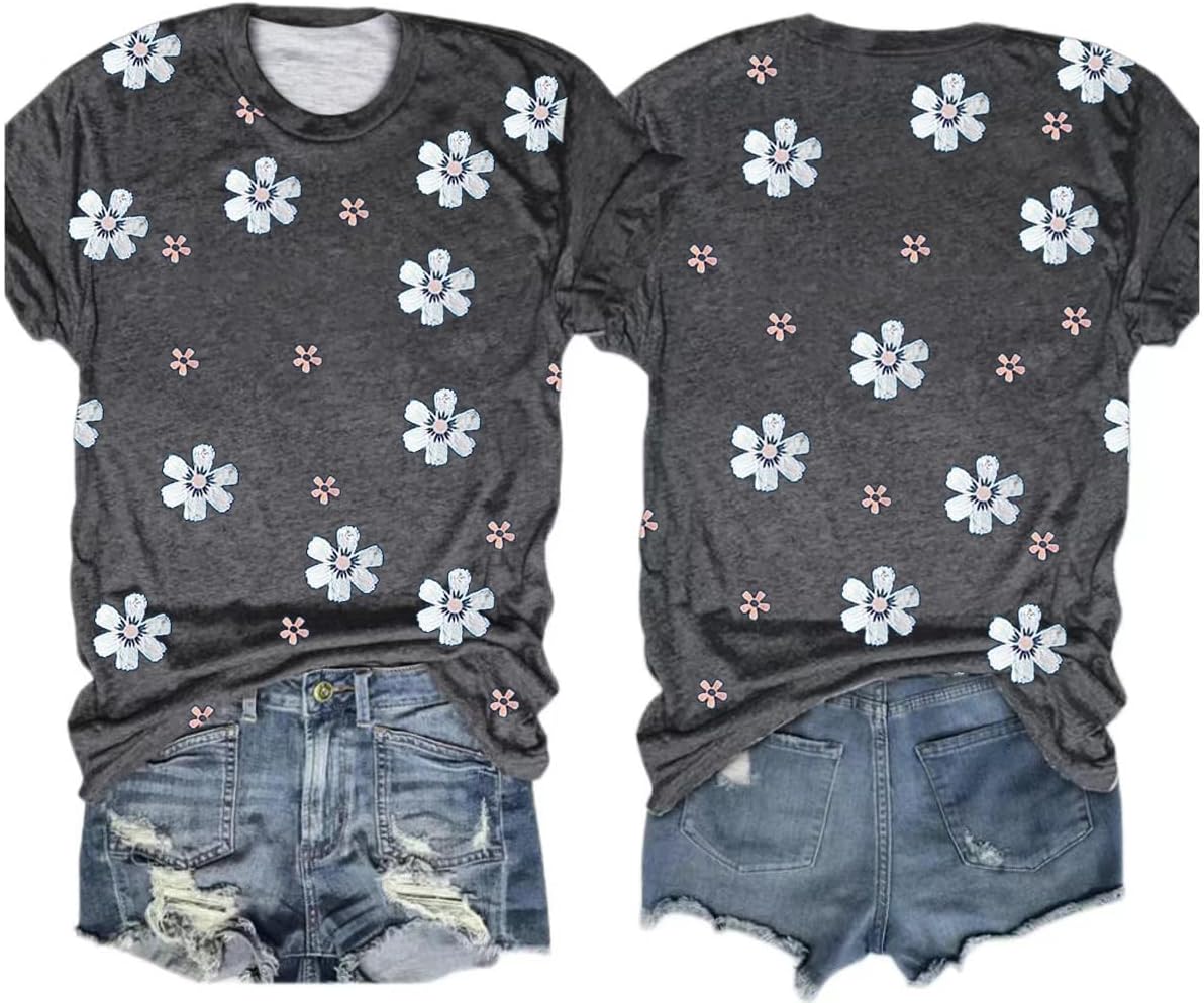 Women's Vintage Flowers Shirt Casual Boho Floral Printed T-Shirt Sunflower Wildflowers Graphic Tees Tops for Girl