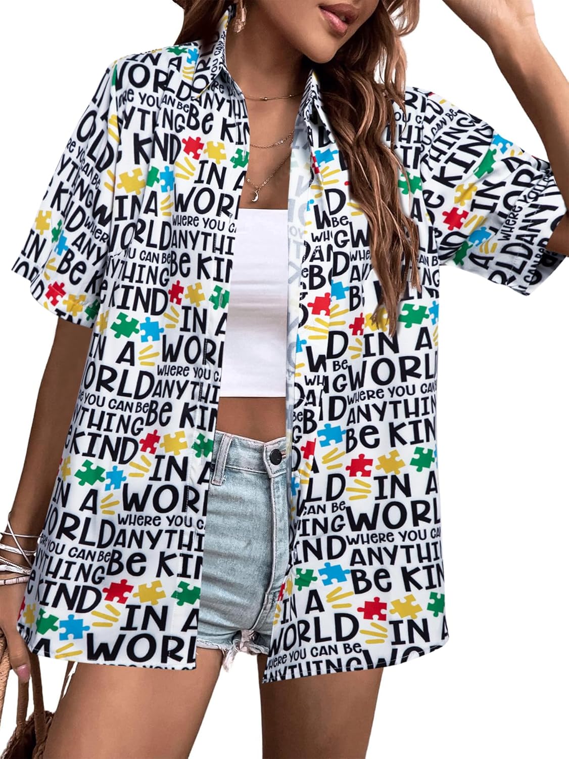 Autism Awareness Shirt Be Kind Women T-Shirt Funny Kindness Blessed Inspirational Graphic Tee Short Sleeve Button Up Top